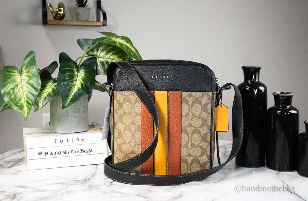 Coach Hudson 21 Khaki Terracotta Signature Varsity Stripe Crossbody