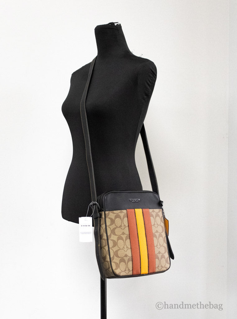 Coach Hudson 21 Khaki Terracotta Signature Varsity Stripe Crossbody